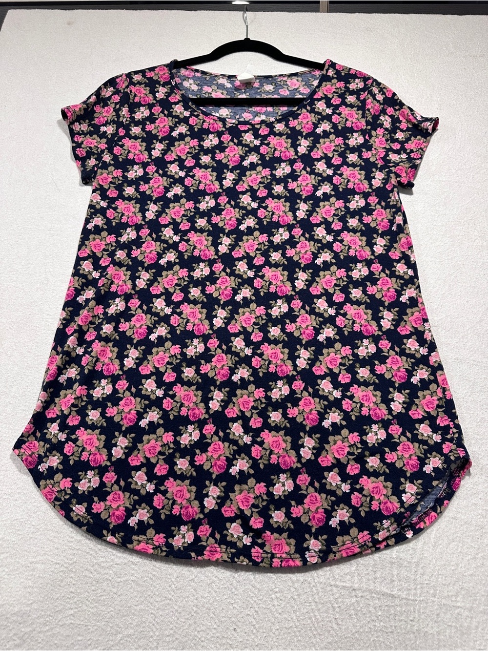 Honey and Lace Navy Short-Sleeve Scoop Neck Top with Pink Floral Print